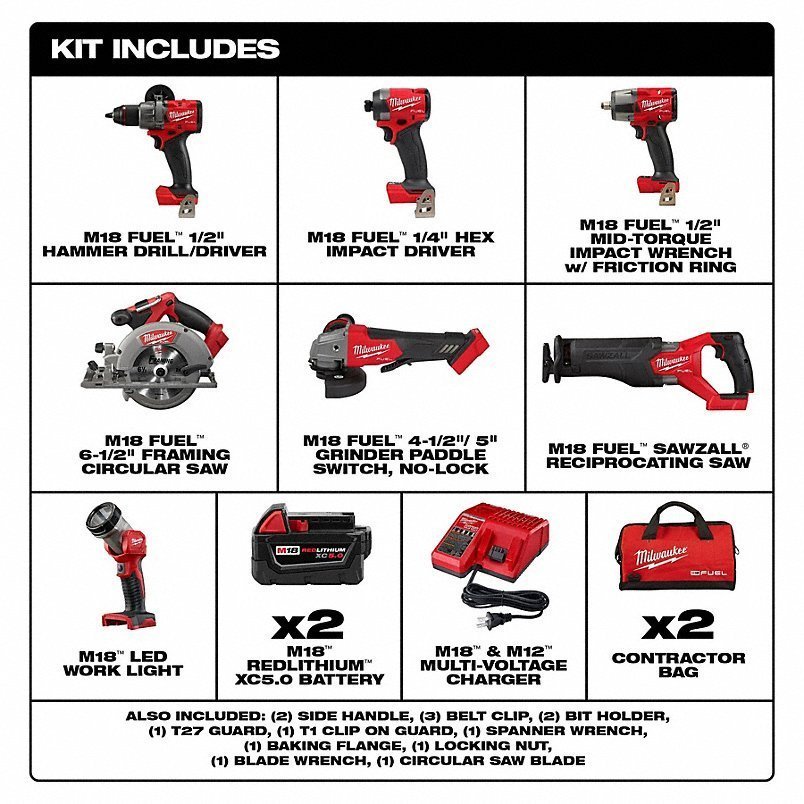MILWAUKEE Cordless Tool Combination Kit: 7 Tools, 18 V DC Volt, Battery Included, M18 FUEL™, M18™ - Image 10