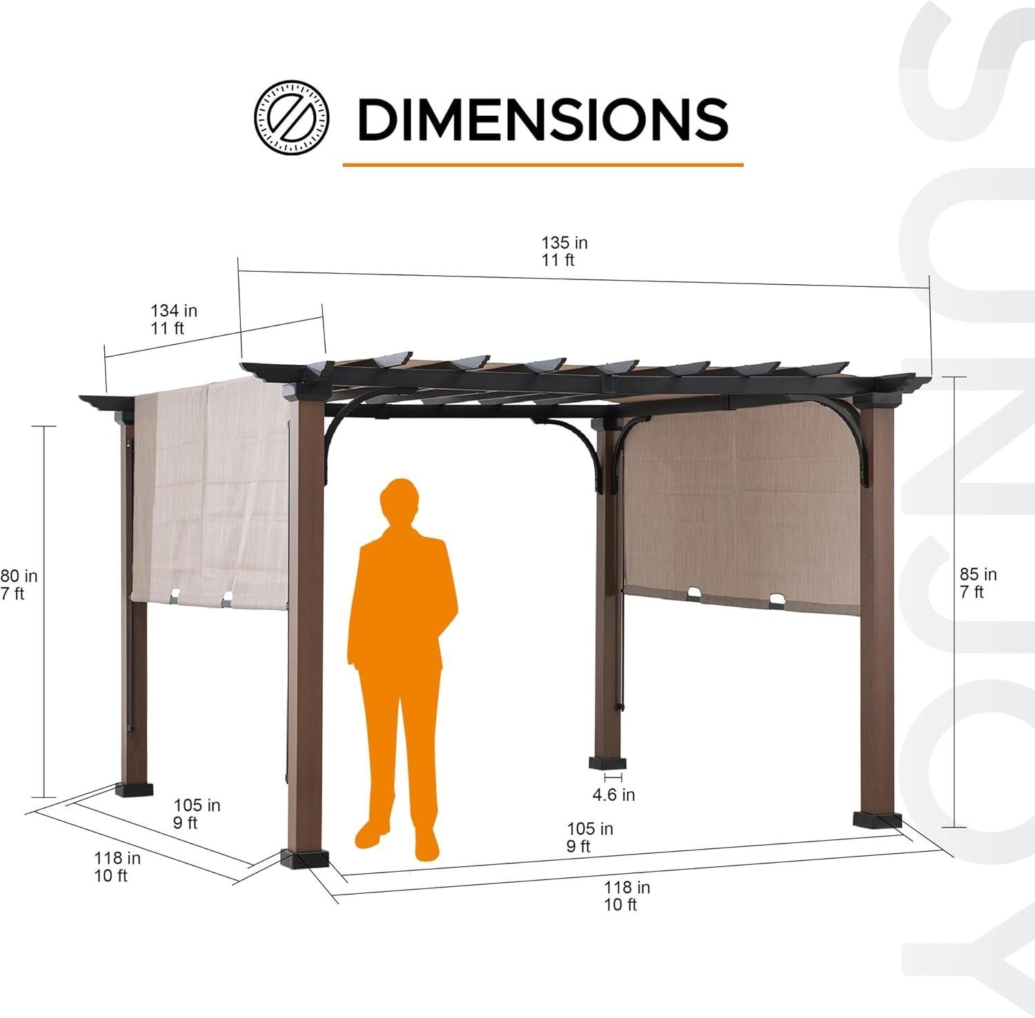 Sunjoy 11 x 11 ft Metal Pergola with Adjustable Tan Garden Shade - Image 3