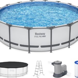 Bestway Steel Pro MAX 16 Foot x 48 Inch Round Metal Frame Above Ground Outdoor Swimming Pool Set