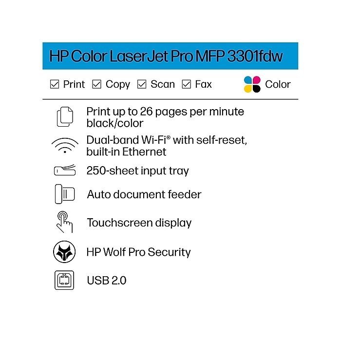 HP Color LaserJet Pro MFP 3301fdw | Color | Print, copy, scan, fax | Wireless | 499Q5F#BGJ - Image 5
