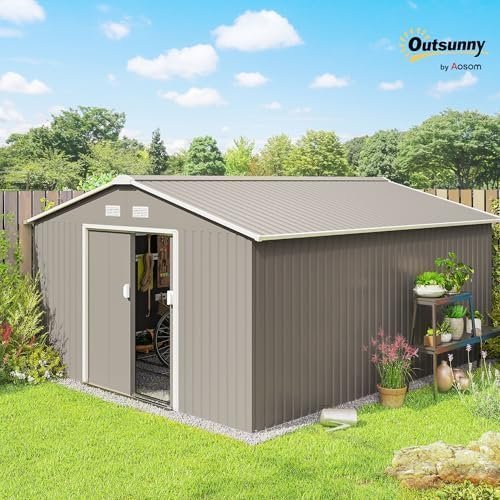 Outsunny 11′ x 13′ Outdoor Storage Shed, Garden Tool Metal Shed with Foundation Kit, Double Lockable Door, Air Vents and Sloping Roof, for Backyard, Patio, Lawn, Light Gray - Image 3